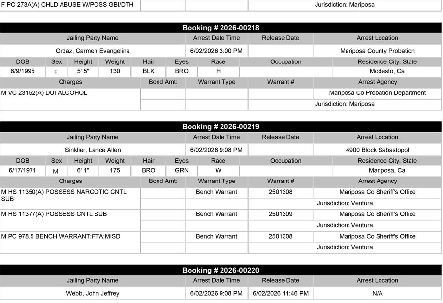 mariposa county booking report for june 2 2026 b