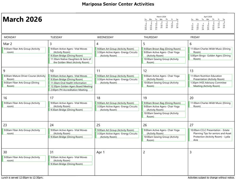 March Activity Calendar