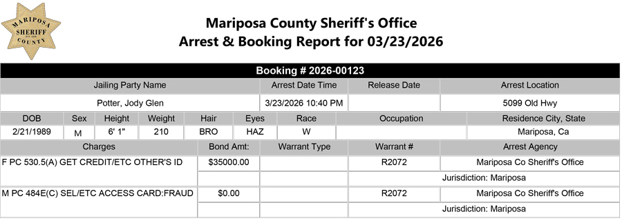 mariposa county booking report for march 23 2026
