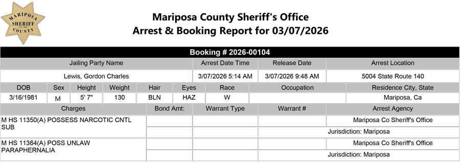 mariposa county booking report for march 7 2026
