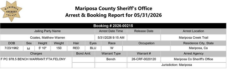 mariposa county booking report for may 31 2026