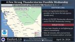Weather Service Reports a Few Strong Thunderstorms Possible Today (Wednesday, April 24) in portions of Fresno, Mariposa, Madera, Merced, Tuolumne Counties and Yosemite