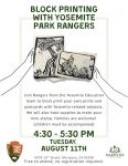 Mariposa Library Offers Block Printing Class with Yosemite Park Rangers on Tuesday, August 11, 2026
